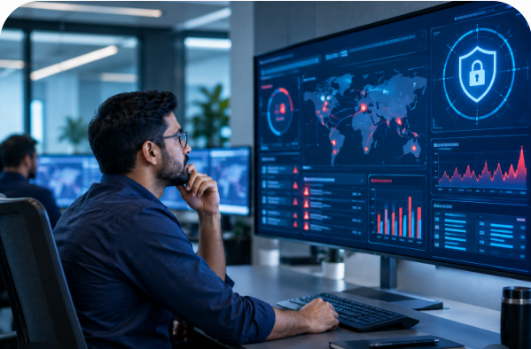 Security analyst monitoring threat dashboard