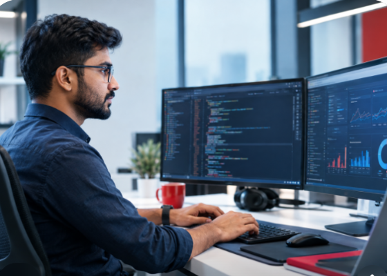 IT professional at multi-monitor workstation